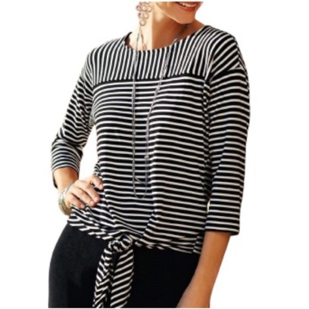 Chico’s Travelers Made in Usa Black & White Stripe Tie-Front 3/4 Sleeve Top 3 L